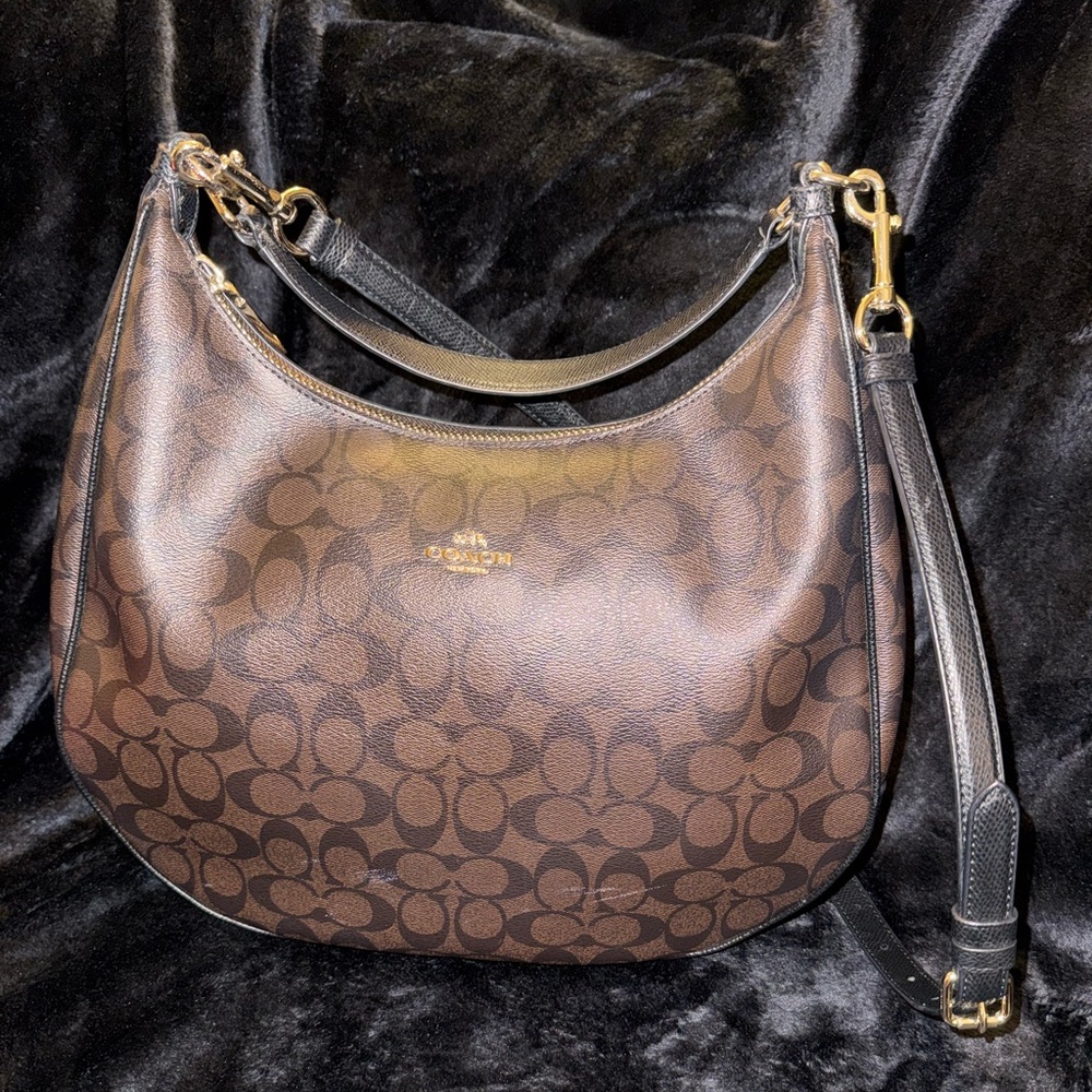 Coach Harvey East West Convertible Signature Brown and Black Hobo Bag F38300